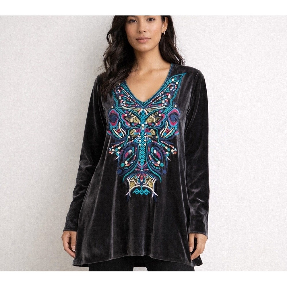 Johnny Was Aurelia velvet tunic Dress M Silk‎ steel gray butterfly embroidery